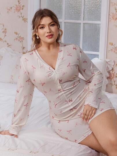 CottageSlumber Macacão de Pijama Feminino Plus Size com Gola Meia-Aberta, Botões, Decote em V, Manga Longa e Estampa Romântica de Borboleta em Jacquard Tricotado