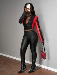 Slaydiva 2025 秋冬新款音乐节假期西部风游牧风格生日派对毕业季学生装日常街头基础百搭休闲字母印花拉链领紧身 PU 撞色开叉上衣 + 紧身 PU 裤女款 PU 皮红黑两件套返校、毕业、早午餐、机场、派对、节日、旅行、简约、百搭、休闲、运动、慢跑 - A - 彩色 - 查看 6