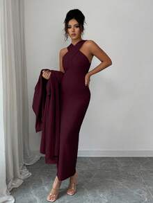 Elenzga Ensemble tricoté minimaliste élégant de couleur unie avec col croisé, robe fourreau à col ras-du-cou de couleur unie, cardigan long minimaliste de style vintage de couleur unie, convient pour le travail et les sorties - Rouge foncé - Voir 6