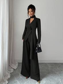 SHEIN Elenzya Women's Burgundy Thick Fabric V-Neck Asymmetric Collar Design Long Sleeve Blazer, Casual Jacket And Wide Leg Pants Set - Black - View 5