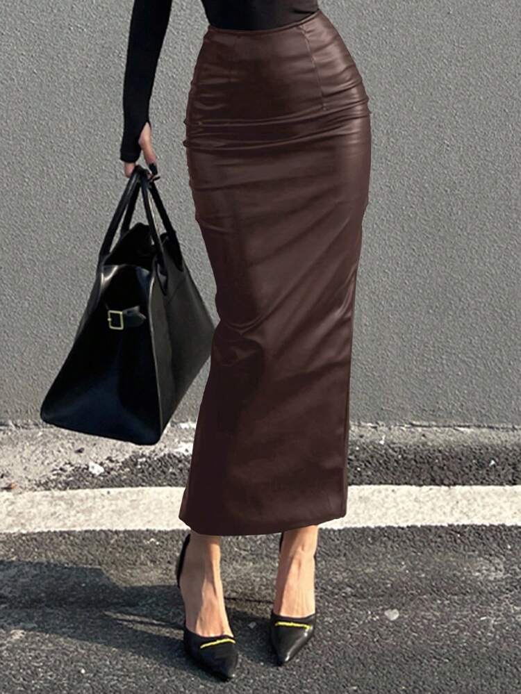 Women's PU Bodycon Slit Skirt Winter Women Skirts Leather Skirts
