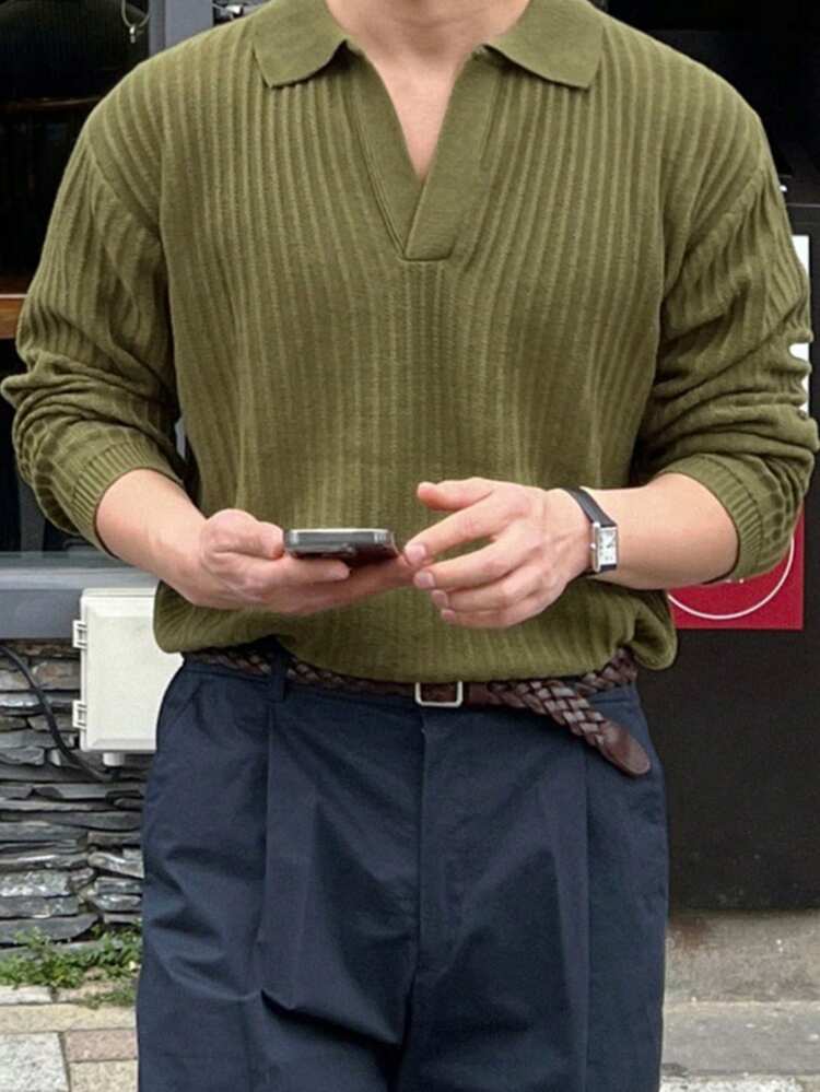 Men's Green Polo Neck Long Sleeve Sweater, Autumn/Winter Business Attire