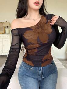 Modelyn 女式纯色网眼撞色印花不对称褶饰简约性感 T 恤 - 橘色 - 查看 1