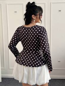 CovetEZ Plus Size Sexy Polka Dot V-Neck Long Sleeve T-Shirt