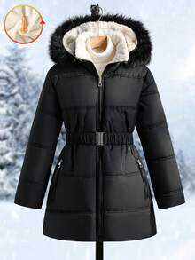 SHEIN Tween Girl Casual Fashionable Quilted Fabric Padded Coat With Drawstring Waist, Hooded Design And Furry Collar, Loose And Comfortable, Suitable For Autumn/Winter Daily, Commuting, Outdoor, Party And Photo Shooting - Black - View 3