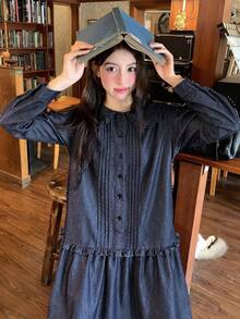 DAZY Women's Peter Pan Collar Long Casual Denim Dress - Dark Wash - View 5