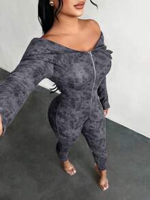 SHEIN SXY Casual Women's Grey Long Unitard Featuring An Off The Shoulder Neckline Zipper And Print In Knitted Fabric Off Shoulder Jumpsuit Tight Jumpsuit Gray Jumpsuit Women Long Bodycon Jumpsuit Sexy Curve Jumpsuit Zip Up Jumpsuit Sexy Jumpsuit Long Sleeve Bodycon Jumpsuit - Grey - View 3