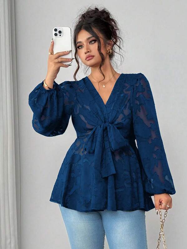 Elenzga Plus Size Women V-Neck Semi-Sheer Long Sleeve Criss-Cross Bowknot Waist Elegant Blouse
