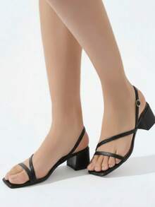 Sandalia de mujer diseño minimalista punta cuadrada tiras finas tacón bajo estilo elegante para uso diario y oficina - Negro - Ver 3