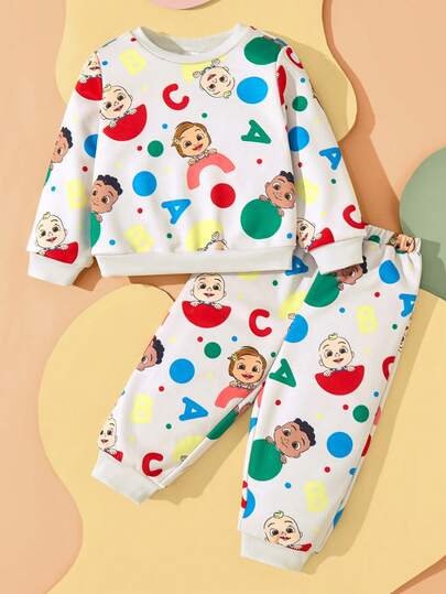 CoComelon X SHEIN 2pcs Baby Boy Cute Cartoon Geometric Print Round Neck Long Sleeve Sweatshirt And Sweatpants Casual Knit Set