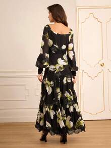 Lilora Women's Elegant Black Floral Chiffon Square Neck Long Sleeve Embroidered Lace Decoration Swing A-Line Dress,Autumn Garden Party Formal Retro Chic - Multicolor - View 5