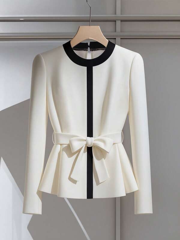 Franclia Women's Casual Cinched Waist Waist Long Sleeve Shirt White Top Women Elegant Top White Blouse Black And White Top Fall Cloth For Women