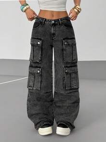 StreetHx 女式休闲做旧宽松多口袋工装牛仔裤 - 黑色 - 查看 5