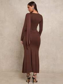 Glamine Women's Solid Color Ruffle Hem Fitted Long Sleeve Maxi Dress,Coffee Brown,Autumn,Elegant,Party Night Brown Elegant Dress - Coffee - View 2