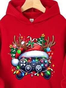 Tween Boy Casual Classic Christmas, Stylish Game Controller, Santa Hat, Christmas Tree, Snowflake, Reindeer Game Print Cartoon Pattern Thick Sweatshirt, Suitable For Autumn/Winter - Red - View 4