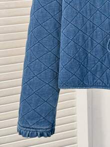 Comfortcana 女士秋季拼接荷叶边领长袖系带休闲牛仔外套，绗缝牛仔外套，荷叶边彼得潘领和系带设计，休闲时尚绗缝外套，冬季女装，新年圣诞节女装，格子外套，方格外套，保暖内衬，厚实保暖牛仔外套 - 中等水洗藍 - 查看 5