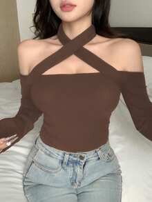 DAZY Women's Summer New Waist Design T-Shirt Long Sleeve Women - Coffee Brown - View 6