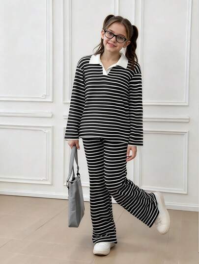 Elladie kids 2 件套条纹翻领宽松青少年女孩长袖 T 恤和运动裤，时尚，学院风，日常休闲穿着，百搭街头风格，适合所有季节
