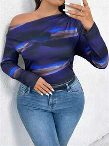 EMERY ROSE Plus Size Casual Tie-Dye Print Asymmetrical Neck Long Sleeve T-Shirt, Suitable For Spring And Autumn Graphic Tees, Women Tops For Spring - Navy Blue - View 5
