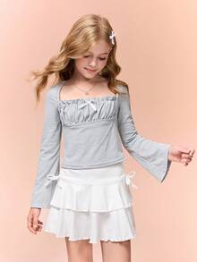 女童时尚蝴蝶结装饰方领褶皱拼接长袖T恤，舒适休闲风格，春秋季 - 灰色 - 查看 1