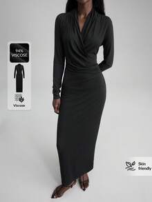 Ontre Vestido largo de mujer para otoño/invierno 2025, color negro, plisado, cintura ceñida, cuello en V, manga larga, minimalista y elegante, para uso en la oficina