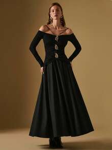Briarwyn Women's Off Shoulder Long Sleeve Metal Decor Flared Dress,Black N Gold,Autumn,Elegant,Dining,Luxurious Old Money Style Halloween Christmas Costume - Black - View 5