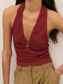Nöista This Elegant Brown Top Features A Halter Neckline, Ruched Bust, And Metal Detail For A Modern Touch. Made From Soft Textured Fabric, It's Perfect For Layering During Spring Break Outfits. Ideal For Birthday Outfits For Women Clothes Gatherings, Elegant Celebrations, Or Stylish Women's Spring Break Outfits Clothes Collections. - Dusty Pink - View 4