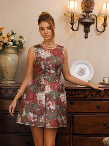 Glamine Charm Damen bedrucktes Minikleid mit Peplum-Saum und Rundhalsausschnitt, Herbst/Winter - Verschiedenfarbig - Übersicht 6