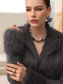 Modelyn 2件套灰色仿皮草针织上衣和直筒裤，秋冬 - 深灰色 - 查看 4