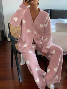 DAZY Women's Heart Pattern Knitted Loose Pajama Set, Winter, Fall Clothes - Pink - View 6
