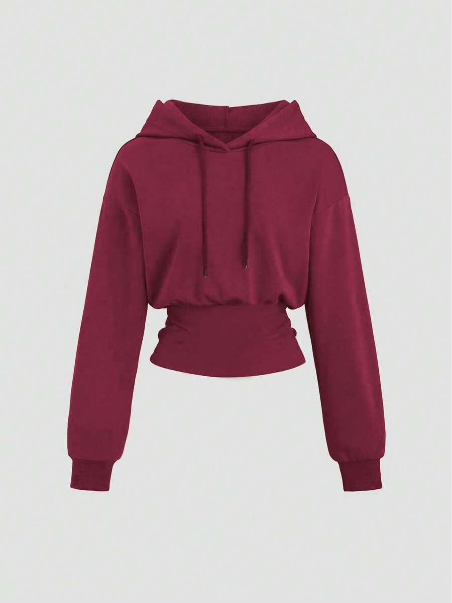 Sweetra 女式棕色连帽束腰长袖运动衫，秋冬款 - 酒紅色 - 查看 1