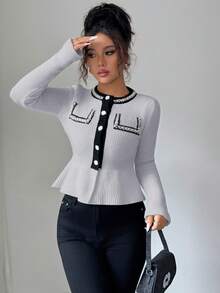 Elenzga Women's Contrast Color Faux Pearl Waist Ruffle Hem Knit Cardigan - Grey - View 7