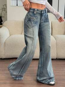 Rivivi Women's Low Waist Casual Versatile Flared Leg Jeans - Light Grey - View 5