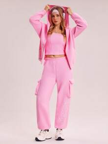 Gameset SHEIN Sport 女士秋冬网眼加厚羊毛连帽拉链口袋超大休闲运动夹克 - 粉色 - 查看 3