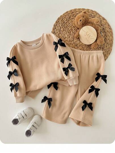 SHEIN 2件套女婴可爱针织灰色蝴蝶结长袖运动衫和裤子套装