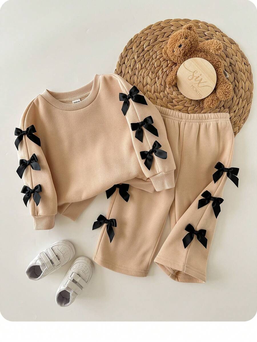 SHEIN 2件套女婴可爱针织灰色蝴蝶结长袖运动衫和裤子套装 - 杏色 - 查看 1