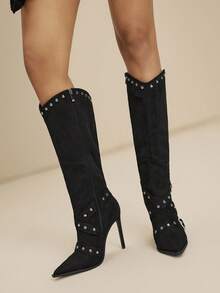 Daringsoles Women's Elegant Fashion Pointed Toe High Heel Over-The-Knee Boots For Christmas - Black - View 8