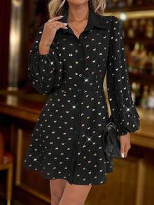 SHEIN LUNE Vestido casual de mujer con lámina de oro para fiestas, atuendo básico para uso diario y salidas en otoño/invierno, vestido mini de manga larga - Negro y oro - Ver 2