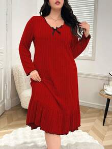 SHEIN Plus Size Comfortable Knit Nightgown With Bow Decor Collar And Ruffle Hem, Winter - Red - View 4