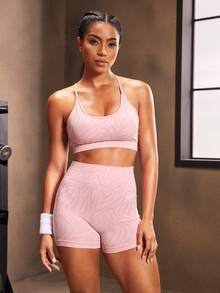 Powerista 女士简约时尚运动文胸和短裤套装，休闲日常健身女士套装 - 淺粉色 - 查看 5