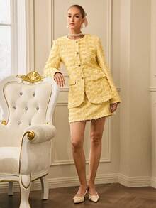 Aveloria Rosie 女式圆领长袖单排扣提花夹克和中长裙优雅套装，精致风格 - 彩色 - 查看 4