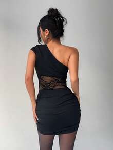 Aloruh Đầm ôm sát vai hở vai bất đối xứng phối ren đen gợi cảm mới - màu đen - Xem 2