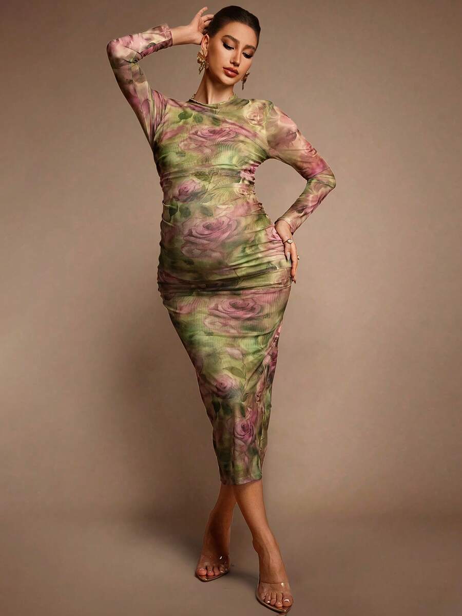 MaterniChic Maternity Floral Print Round Neck Long Sleeve Ruched Fitted Elegant Dress Luxury Evening Dress  Chic Evening Dress  Elegant  Baby Shower Dress Pregnancy Photoshoot Dress Sexy Maternity Dress Pregnant Clothes Pregnant Dress Rose Print Dress - Multicolor - View 1