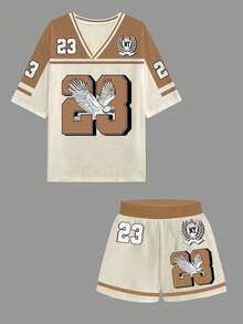 Slaydiva 2件套/组 2025春夏女士休闲简约和平与数字23印花V领宽松T恤和短裤套装 针织衫 锐舞派对装扮 伊比沙岛乡村音乐会装扮 纳什维尔装扮 - 彩色 - 查看 3