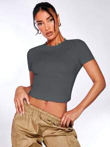 Silquee Solid Fitted Tee - Dark Grey - View 4