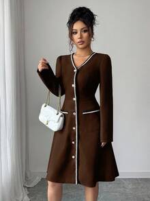 Rafferiza فستان نسائي بياقة على شكل حرف V وأكمام طويلة، خصر مشدود بتريم متباين، خصر مشدود وتنورة على شكل حرف A، طول متوسط، خريف/شتاء - قهوة بني - مشاهدة 5