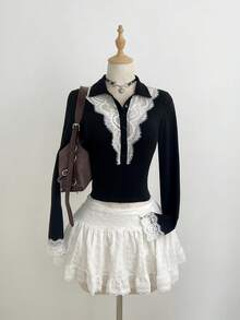 Elamini Lace Patchwork Button Fitted Women's Elegant Long T-Shirt - Black - View 1