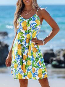 Women's Lemon Vacation Spaghetti Strap Knit Mini Dress, Suitable For Summer,Summer Dresses For Women Suitable For Going Out Chic Dress,Vacation - Multicolor - View 3