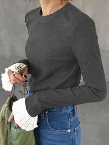 FRIFUL 女式黑色圆领长袖罗纹面料撞色褶皱喇叭袖口修身百搭 T 恤，秋季