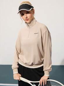 CourtClass Letter Print High Collar Half Zip Long Sleeve Pullover Sweatshirt Women S Athleisure Hiking Tops Women Outdoor Sports Top Sportswear For Women Golf Tops For Woman Athleisure Tops - Khaki - View 5
